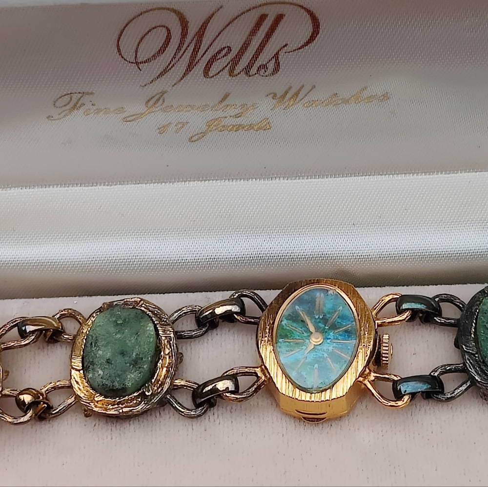 Antique 12K GF And Sterling Wells17 Jewels Chrysocolla Dial And Jade Watch - Picture 11 of 12